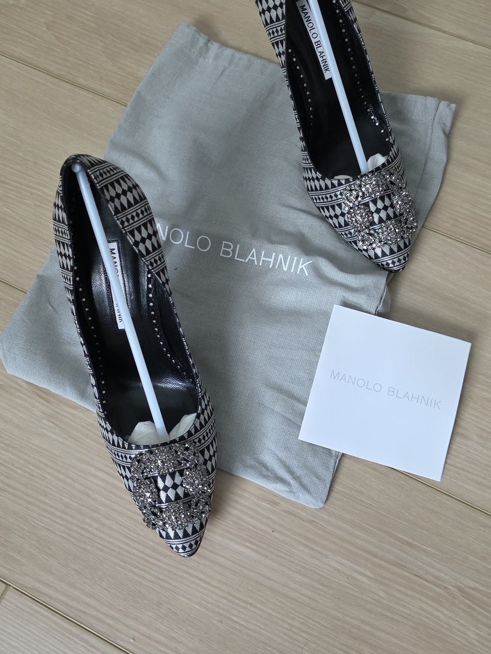 Manolo Blahnik Black & White Embellished Pointed Toe Pumps